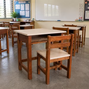 set meja dan kerusi kayu sekolah menengah