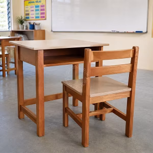 set meja dan kerusi kayu sekolah rendah